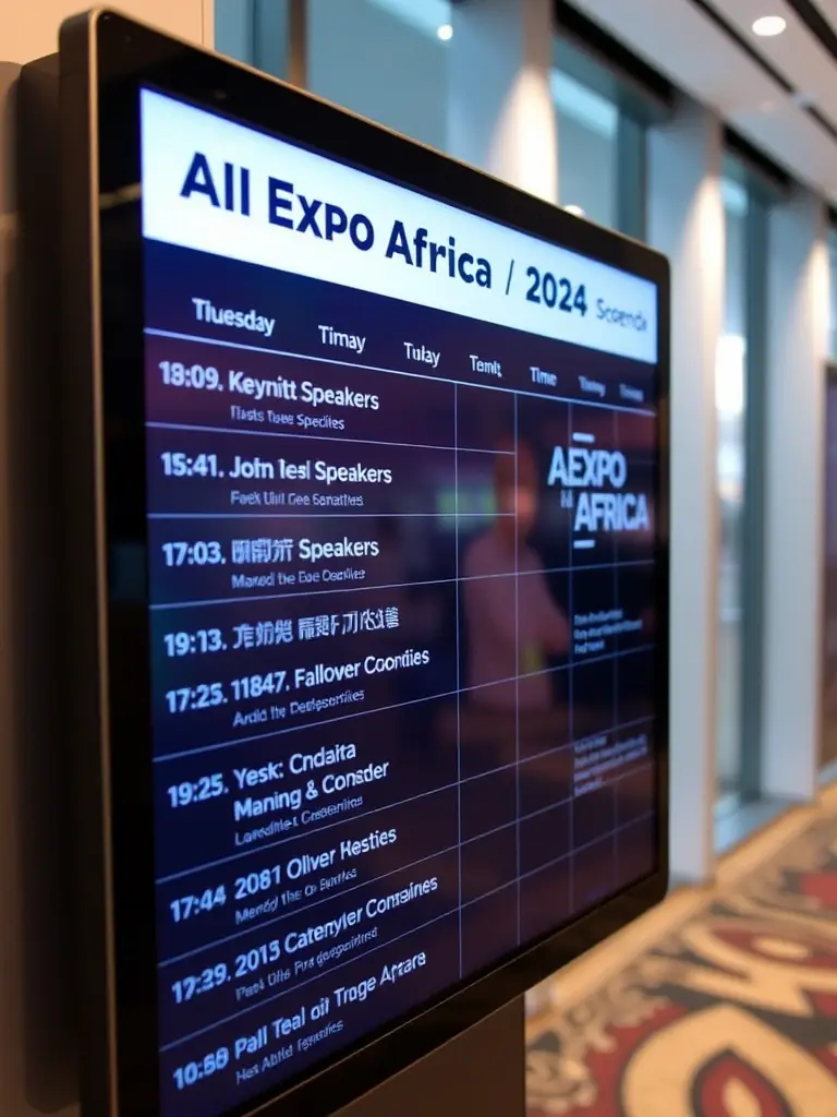 A photograph of the conference schedule for the AI Expo Africa 2024, showing the keynote speakers and their respective time slots.