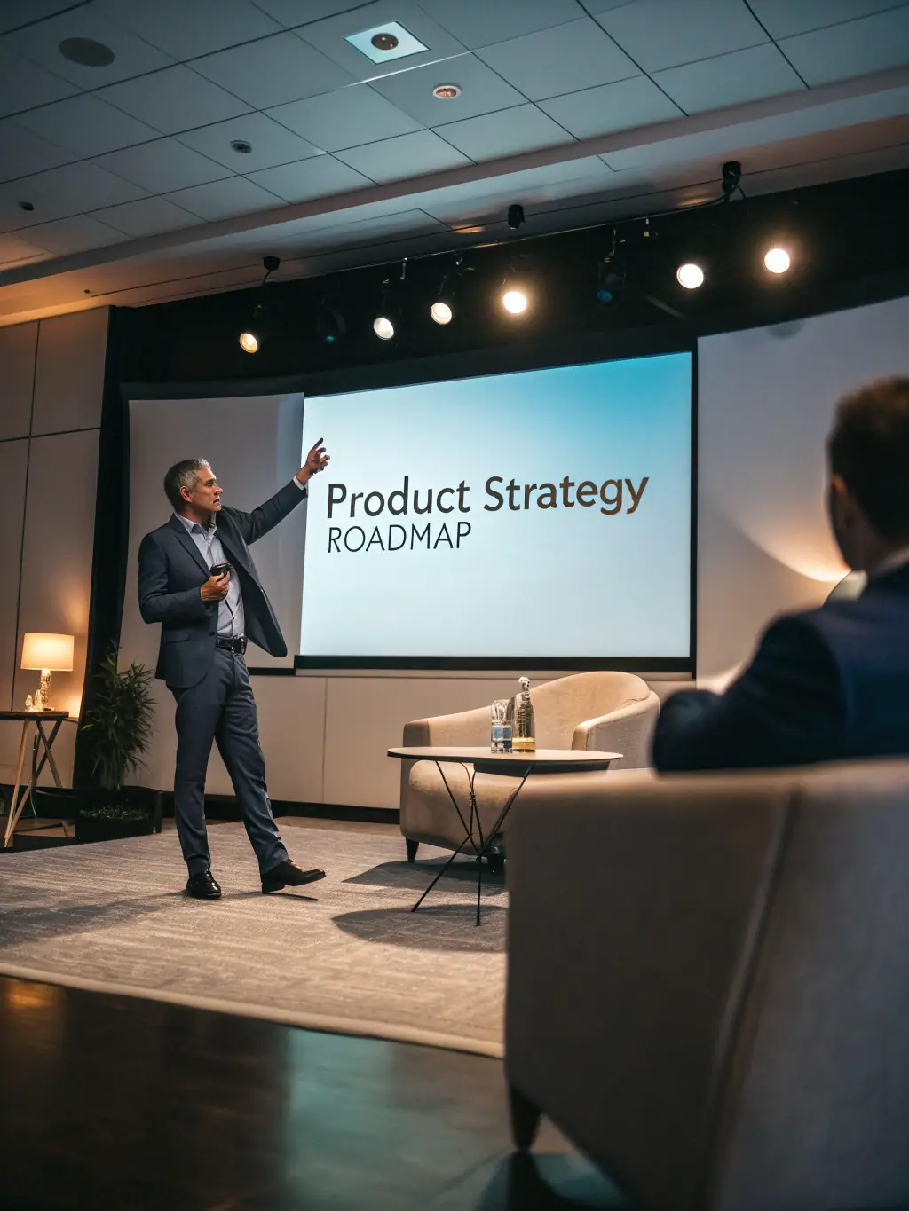 A dynamic image of a keynote speaker presenting on stage at a tech conference in Cape Town, South Africa, with a focus on innovation and technology.