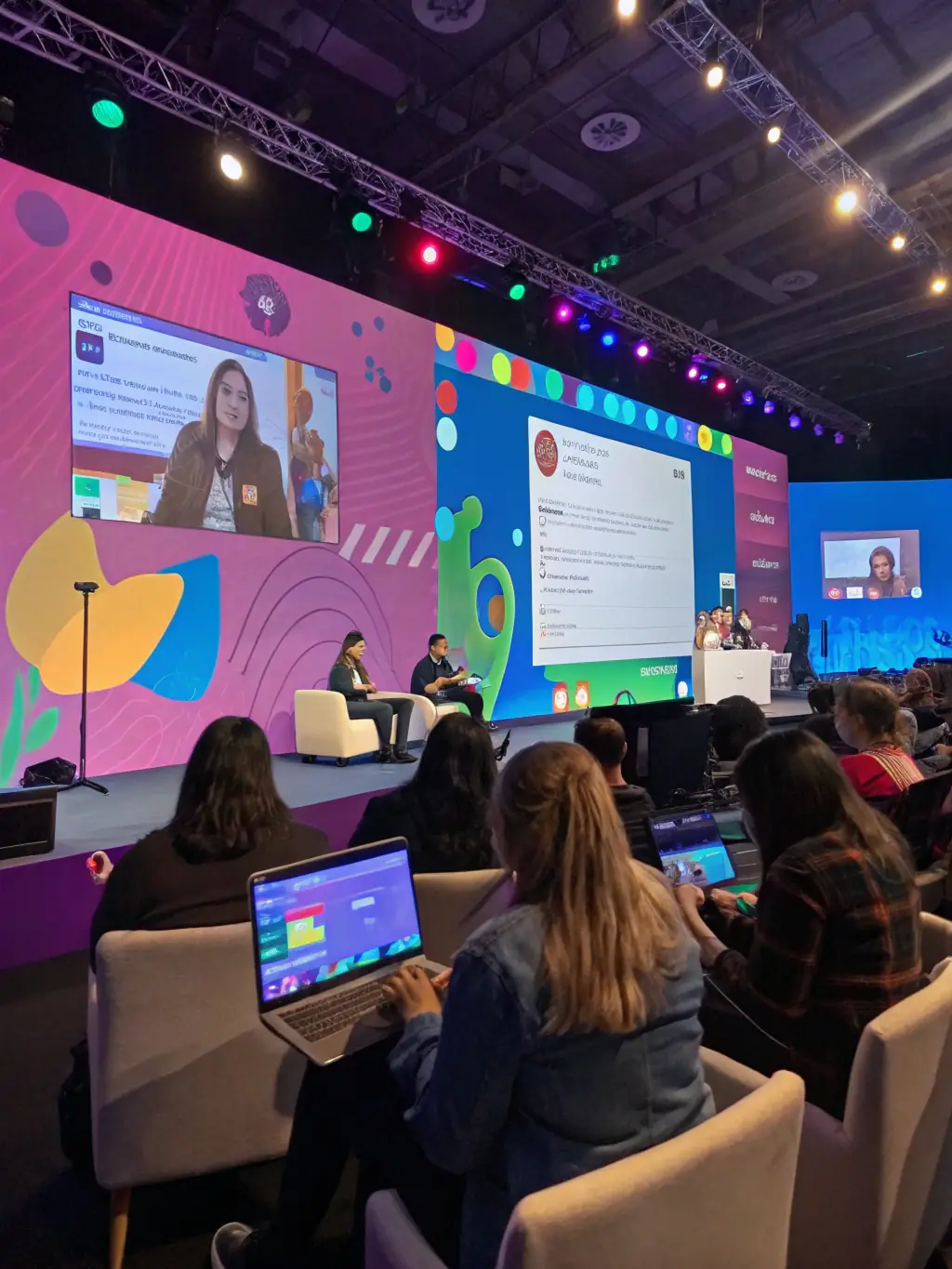 A vibrant photograph capturing the energy of a tech conference in Johannesburg, South Africa, featuring diverse attendees networking and engaging with exhibitors.
