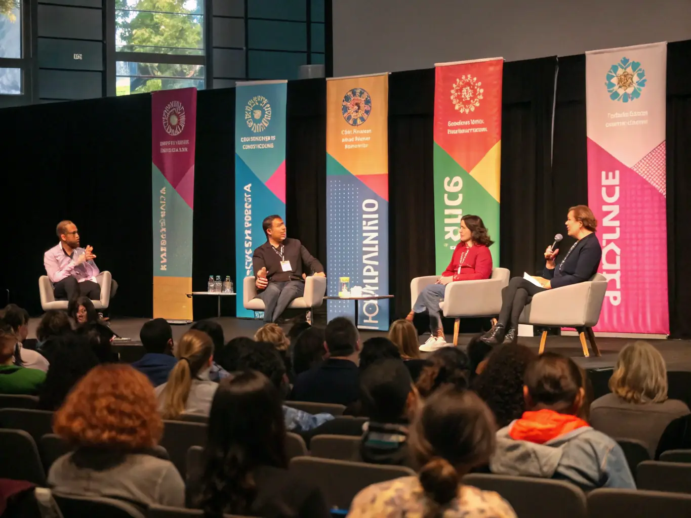 A panel discussion at a tech conference, with four panelists answering questions from the audience, and a moderator facilitating the conversation.