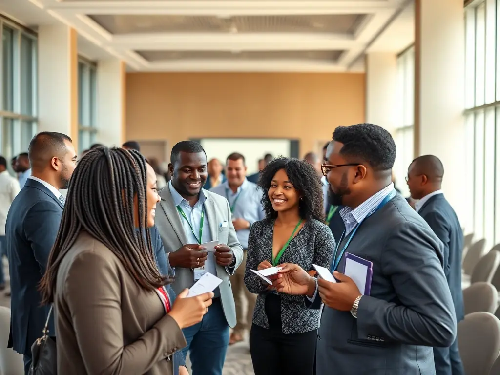 A vibrant image depicting attendees networking at a tech conference in Johannesburg, South Africa, with modern skyscrapers in the background.