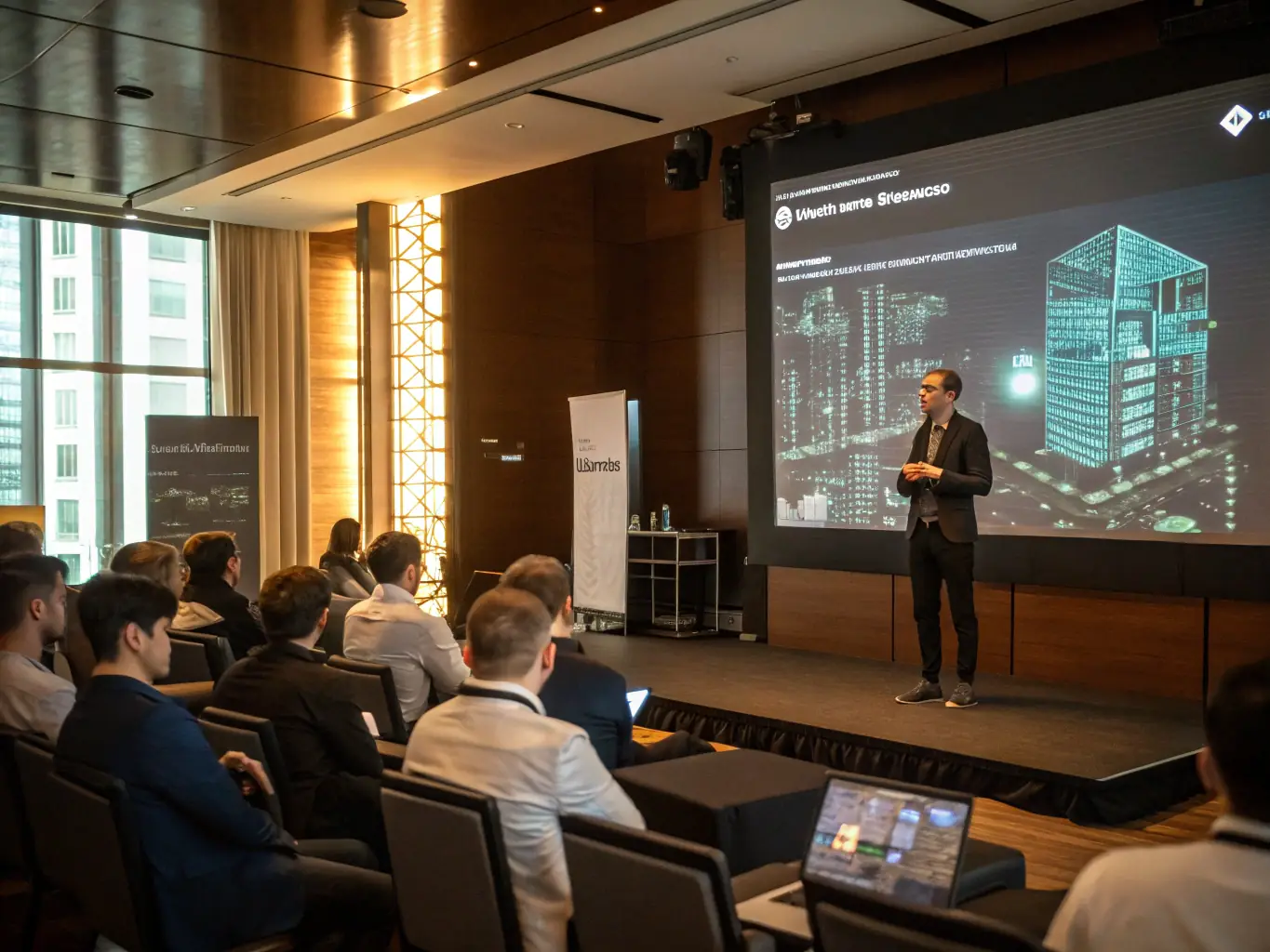 A dynamic image showcasing a speaker presenting on blockchain technology at a conference in Cape Town, South Africa.